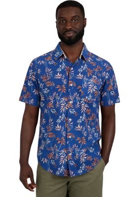 Chaps Men's Short Sleeve Print Linen Shirt, Navy Blue, 2XL