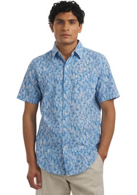 Chaps Men's Short Sleeve Print Linen Shirt, Sky Blue, Medium
