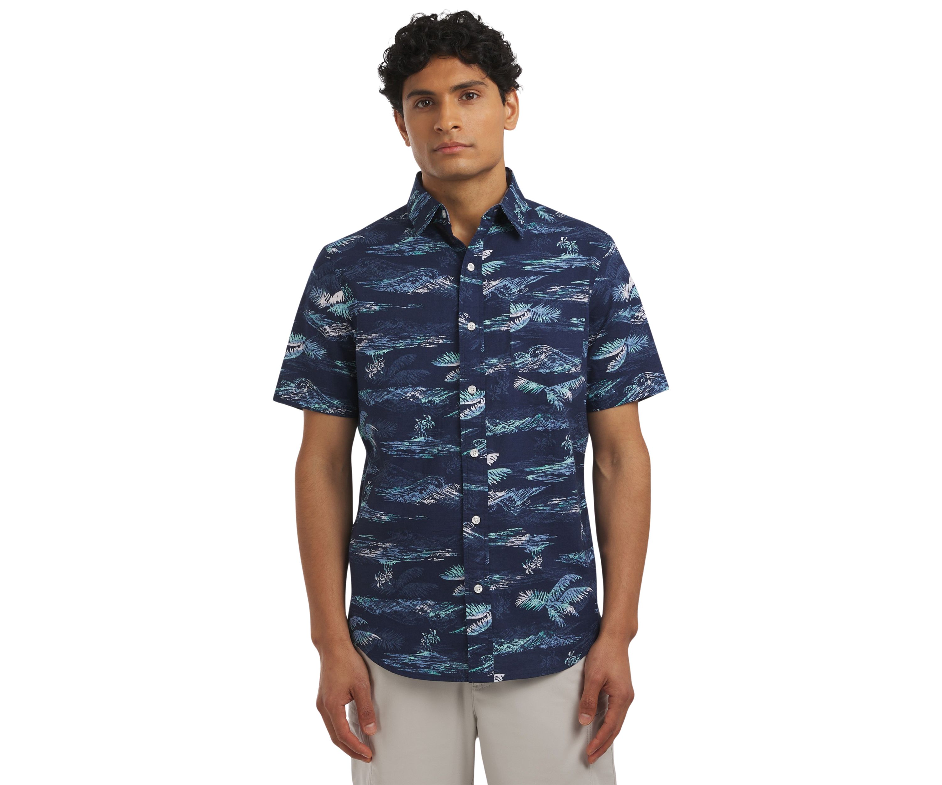 Short Sleeve Printed Chambray Shirt