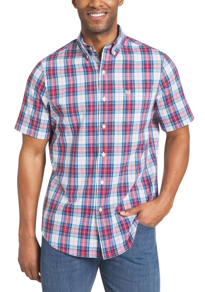 Chaps Men's Short Sleeve Button Down Plaid Shirt, Navy Blue, Large, Cotton