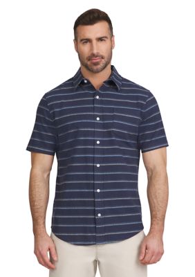 Chaps Men's Coastland Washed Plaid Printed Cotton Slub Button Down Shirt, Navy Blue, Medium