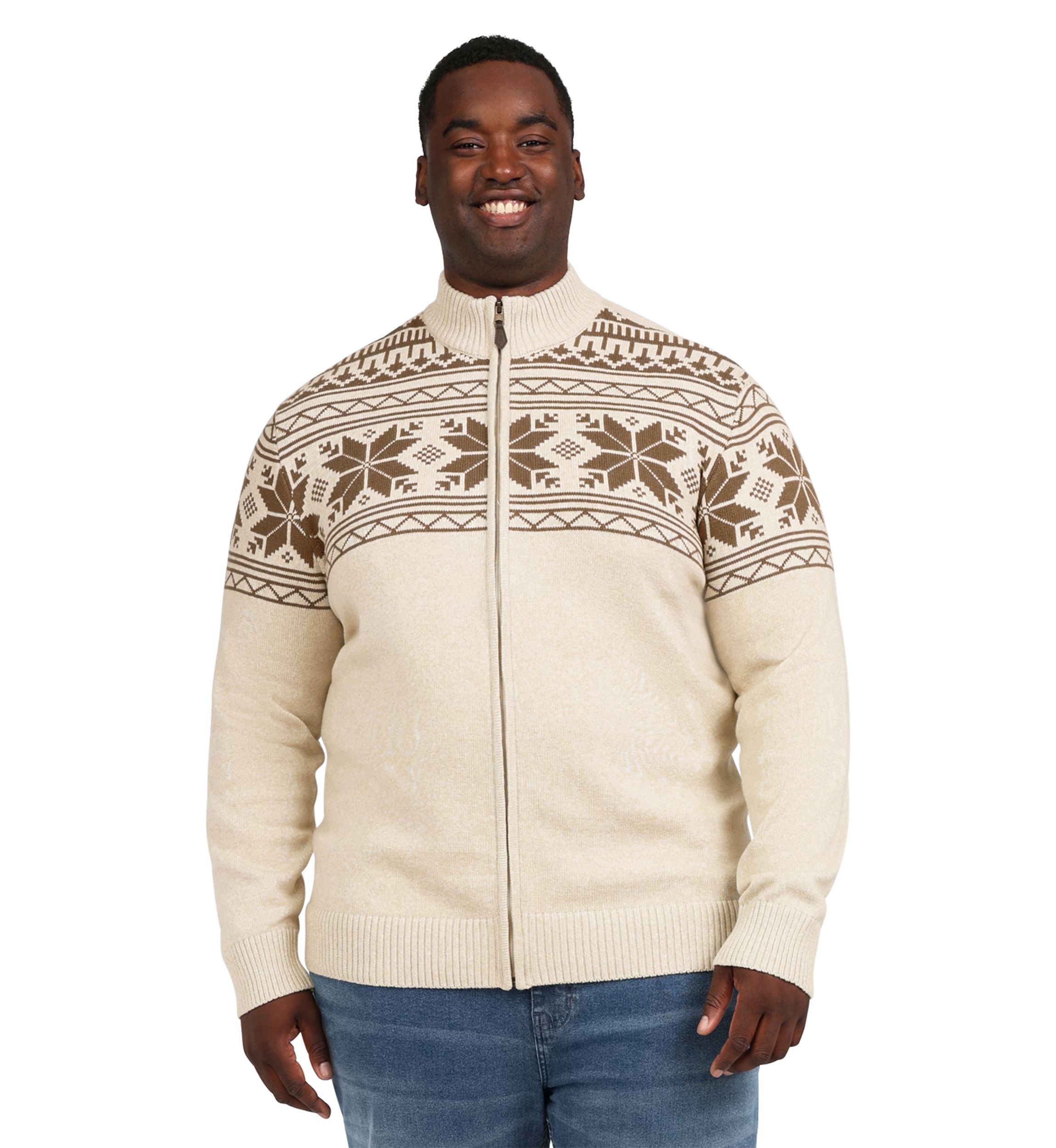 Big & Tall Snowflake Printed Zip Front Sweater