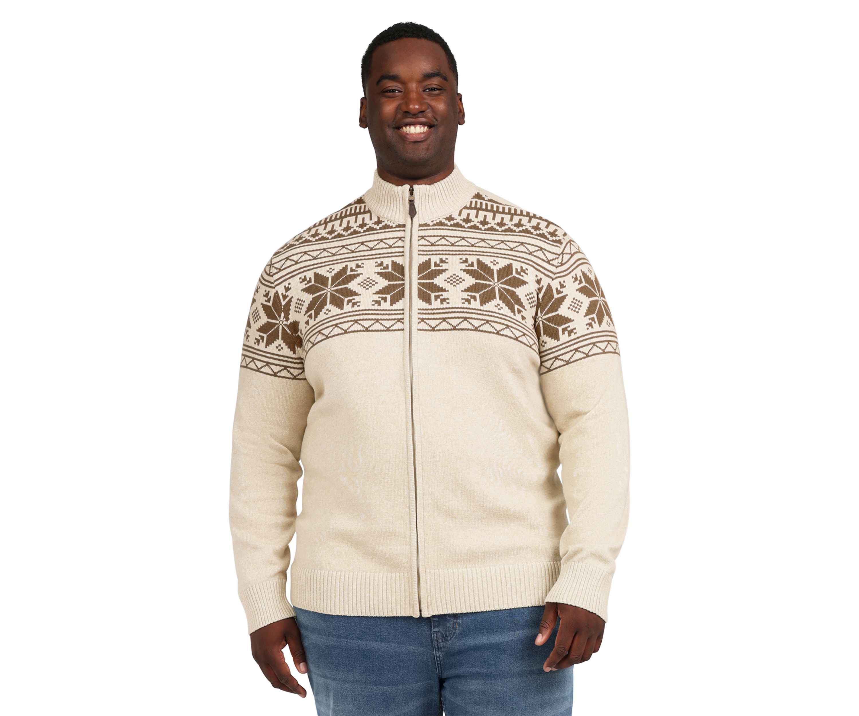 Big & Tall Snowflake Printed Zip Front Sweater