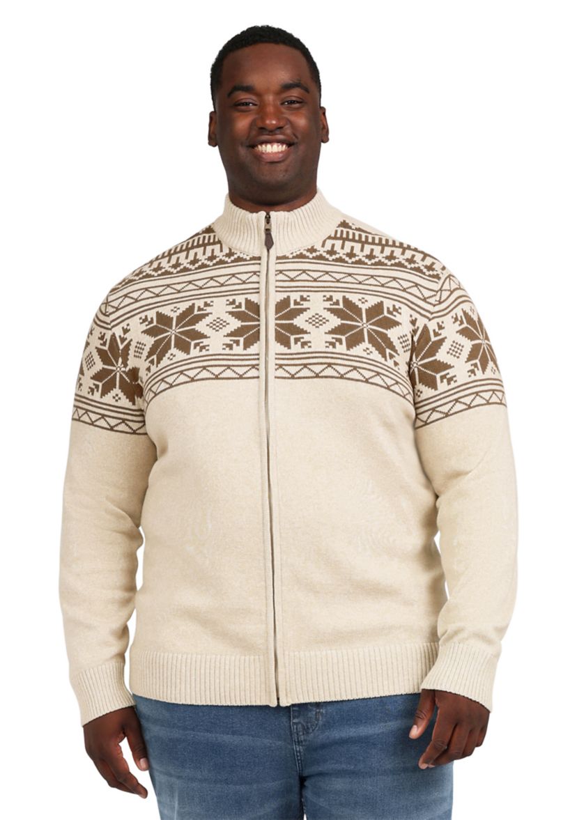 Big & Tall Snowflake Printed Zip Front Sweater