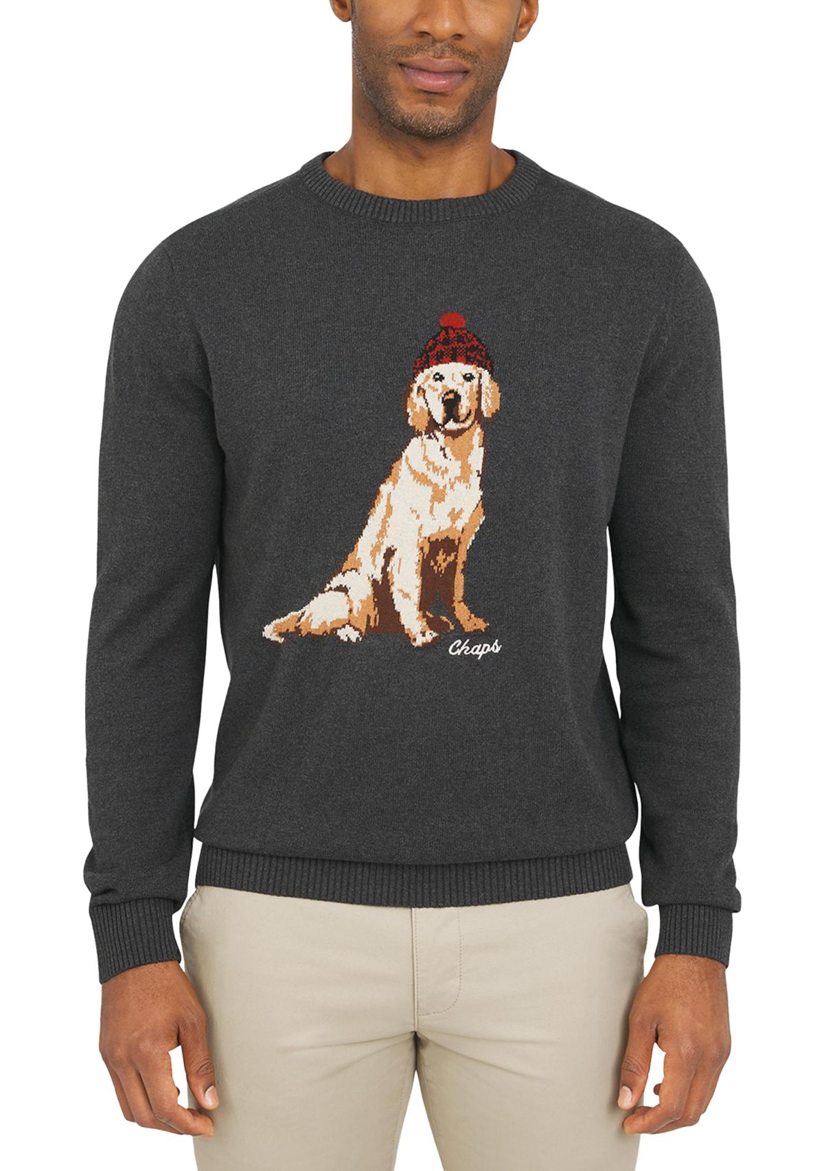 Mens Winter Dog Crew Neck Graphic Sweater