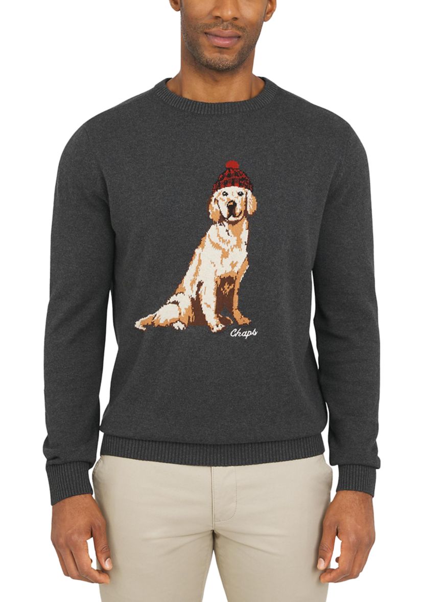 Mens Winter Dog Crew Neck Graphic Sweater