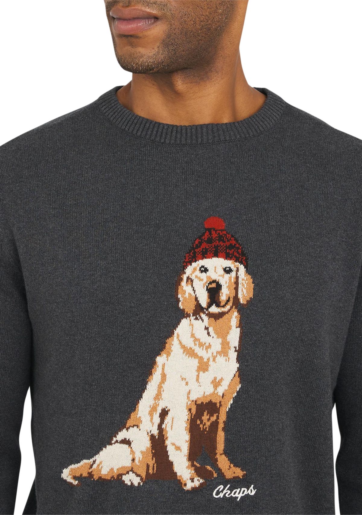 Mens Winter Dog Crew Neck Graphic Sweater