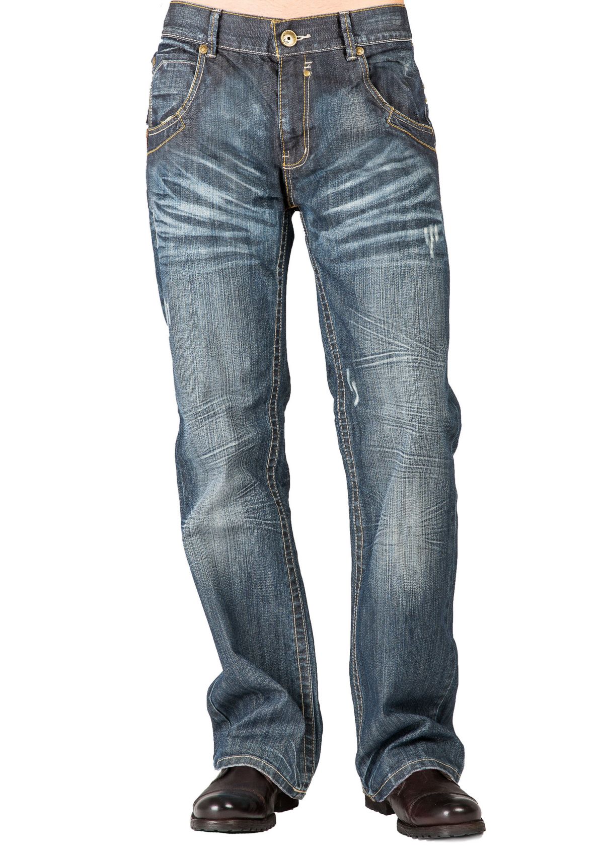 Mens Relaxed Bootcut Denim Distressed Jeans with Zipper Pocket