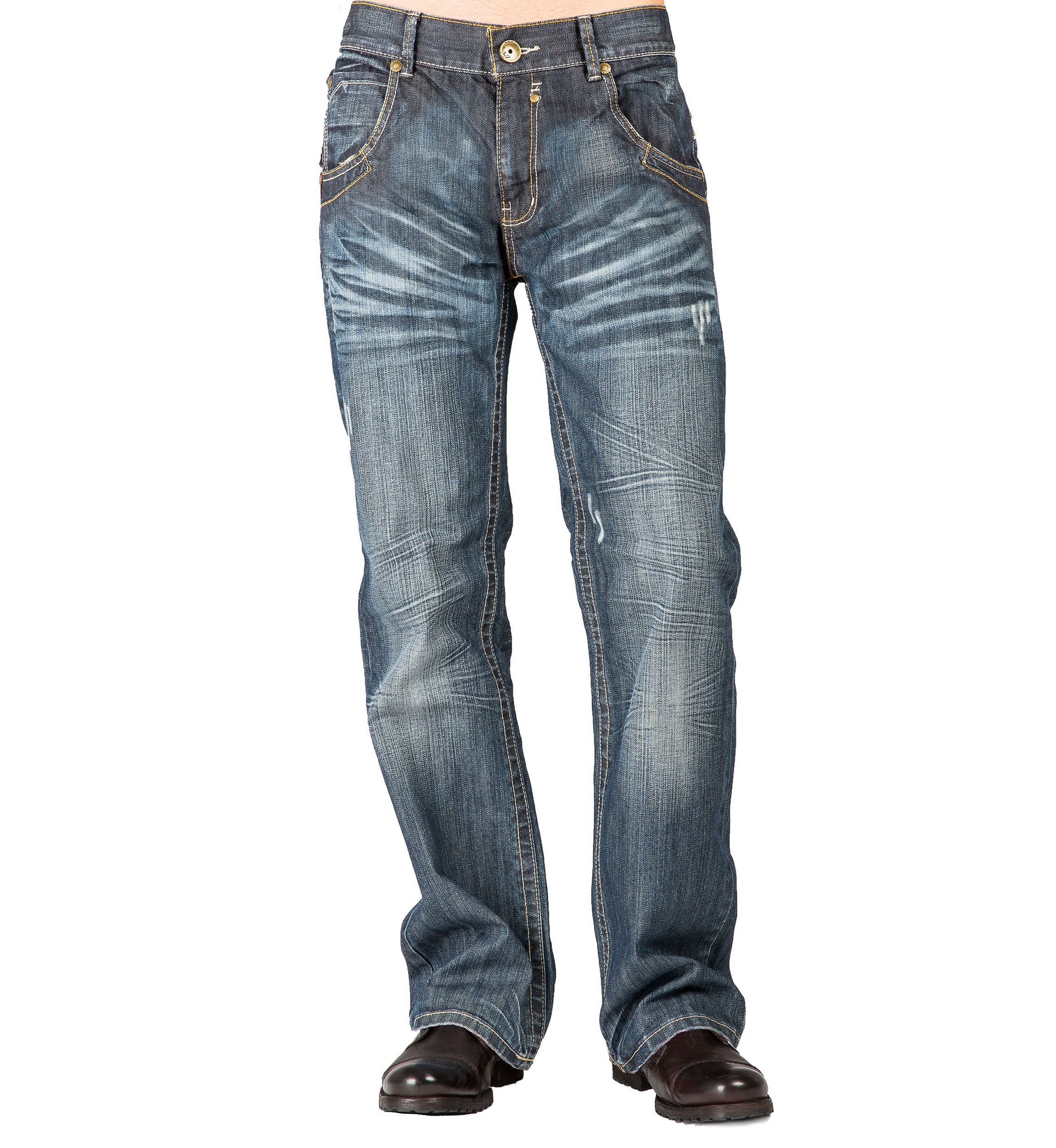 Mens Relaxed Bootcut Denim Distressed Jeans with Zipper Pocket