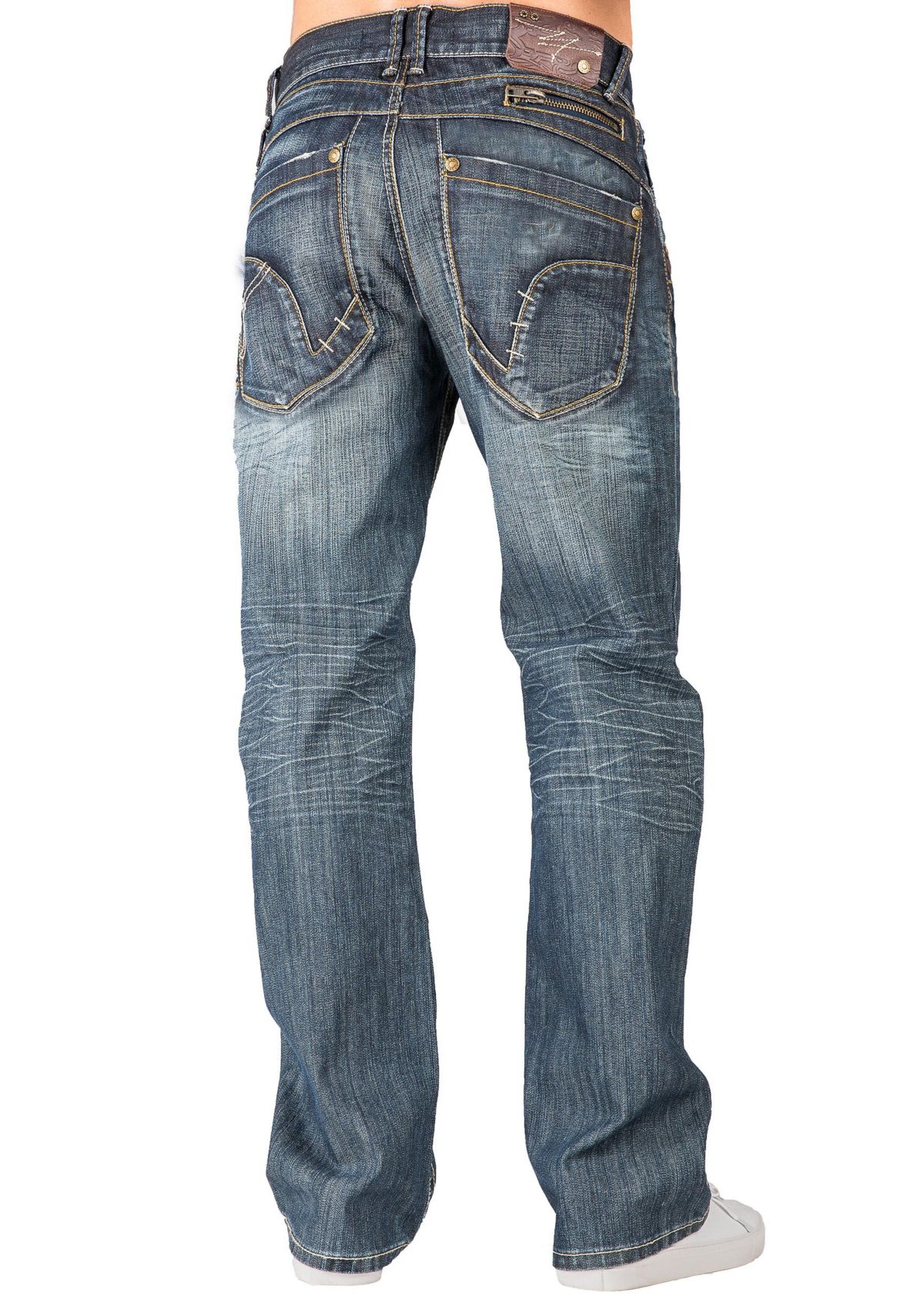 Mens Relaxed Bootcut Denim Distressed Jeans with Zipper Pocket