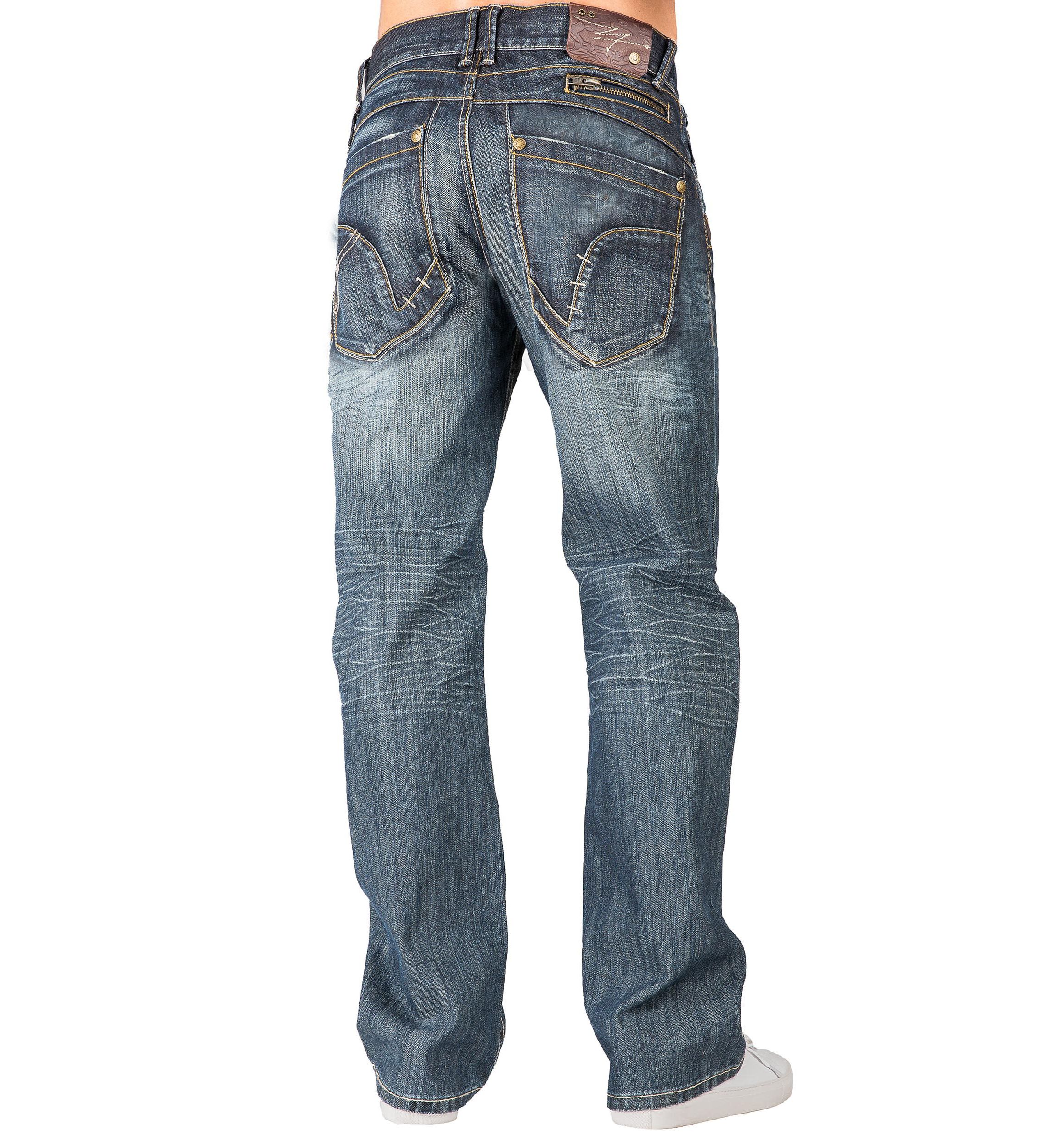 Mens Relaxed Bootcut Denim Distressed Jeans with Zipper Pocket