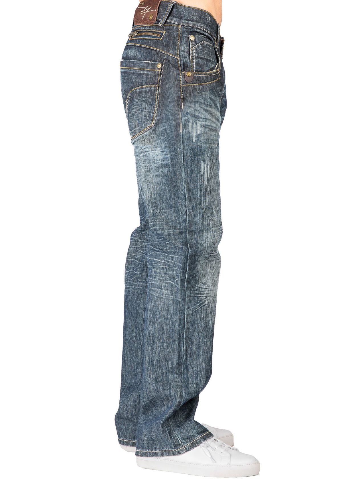 Mens Relaxed Bootcut Denim Distressed Jeans with Zipper Pocket