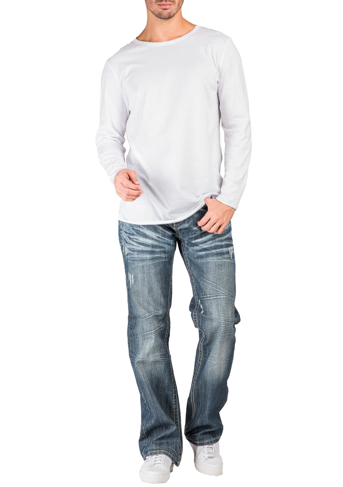 Mens Relaxed Bootcut Denim Distressed Jeans with Zipper Pocket