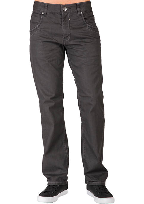 Mens Relaxed Straight Leg Coated Black Premium Denim Jeans - Zipper Pocket