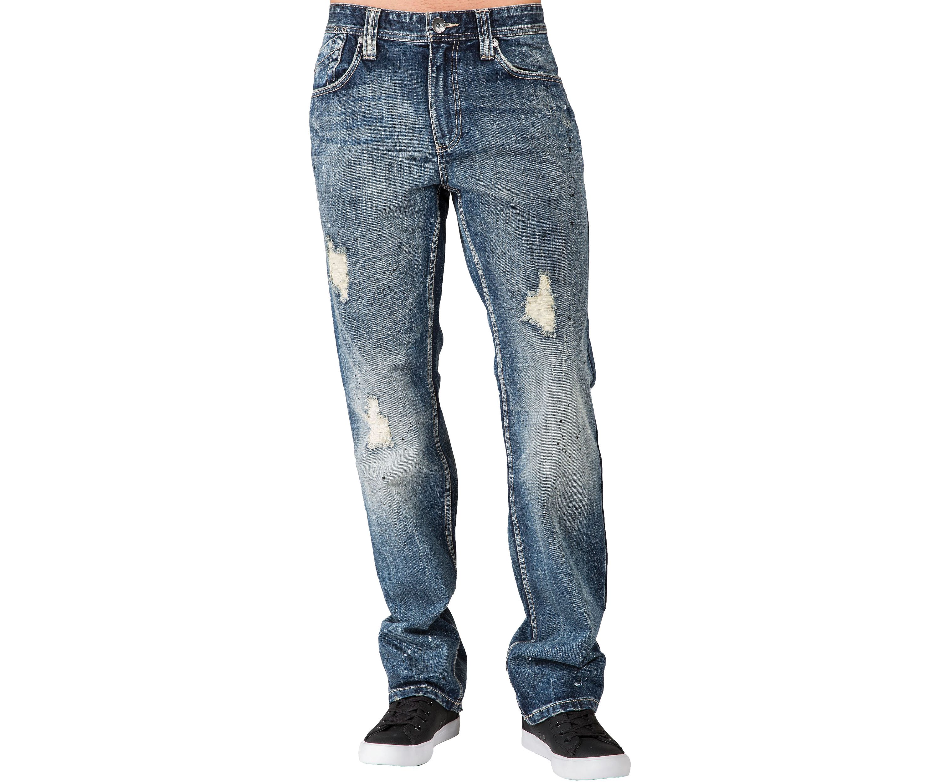 Mens Slim Straight Premium Jeans Dark Tinted Blue Hand Rub Whisker