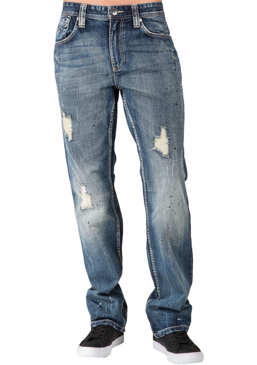 Mens Slim Straight Premium Jeans Dark Tinted Blue Hand Rub Whisker
