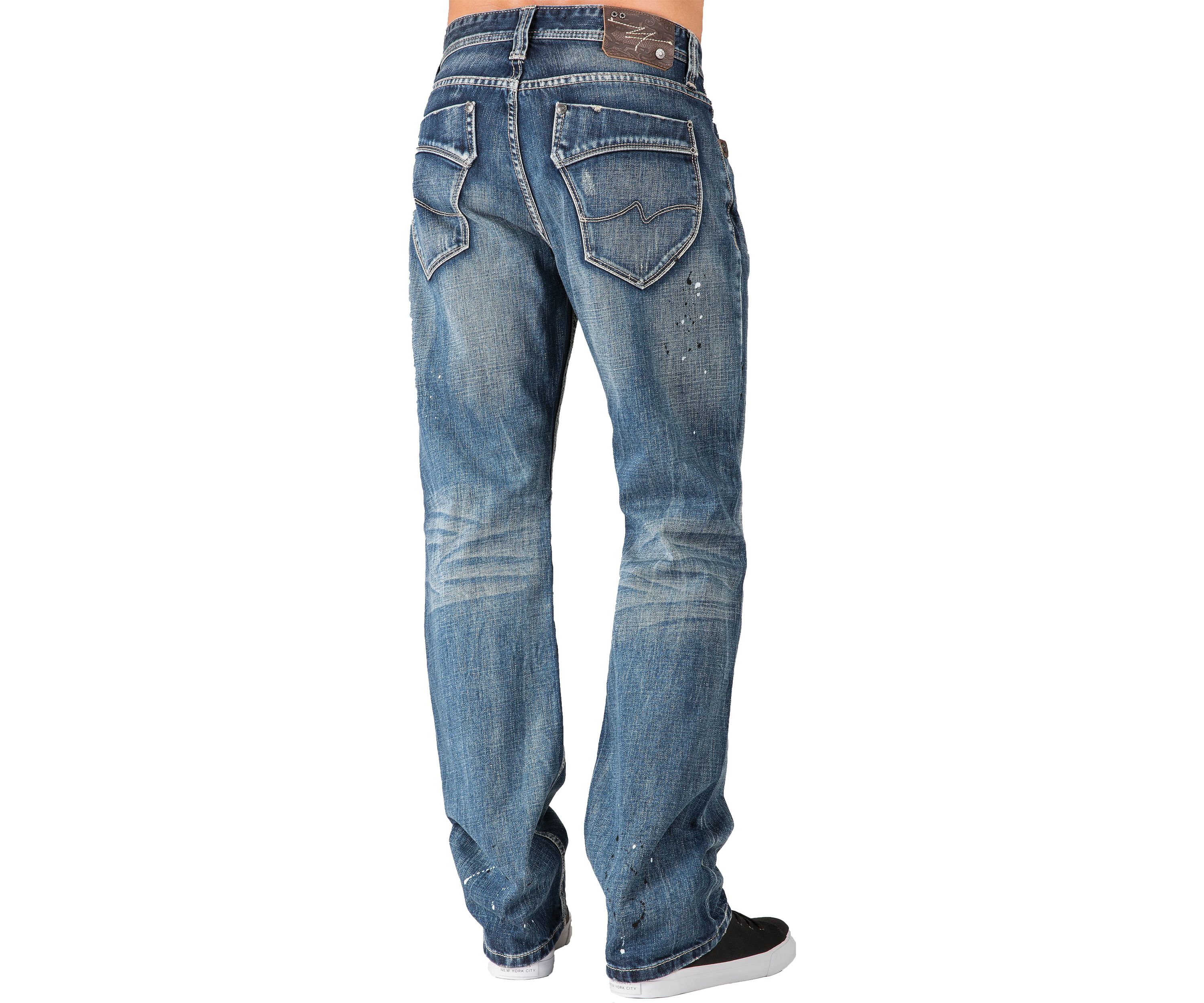 Mens Slim Straight Premium Jeans Dark Tinted Blue Hand Rub Whisker