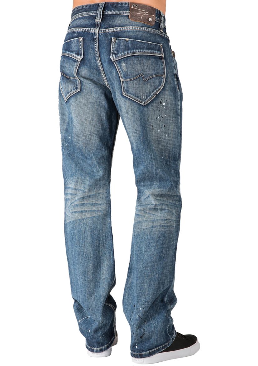 Mens Slim Straight Premium Jeans Dark Tinted Blue Hand Rub Whisker