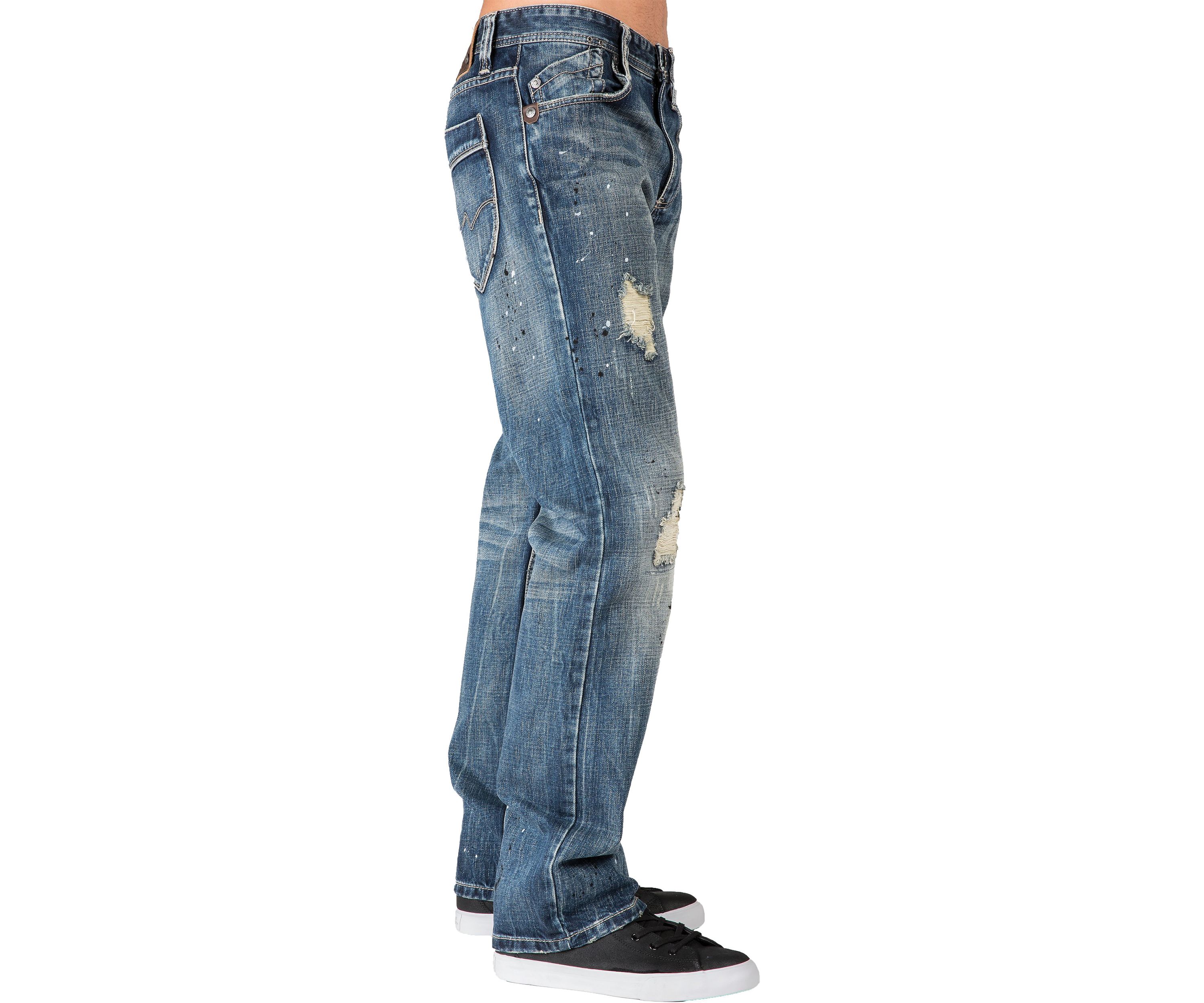 Mens Slim Straight Premium Jeans Dark Tinted Blue Hand Rub Whisker
