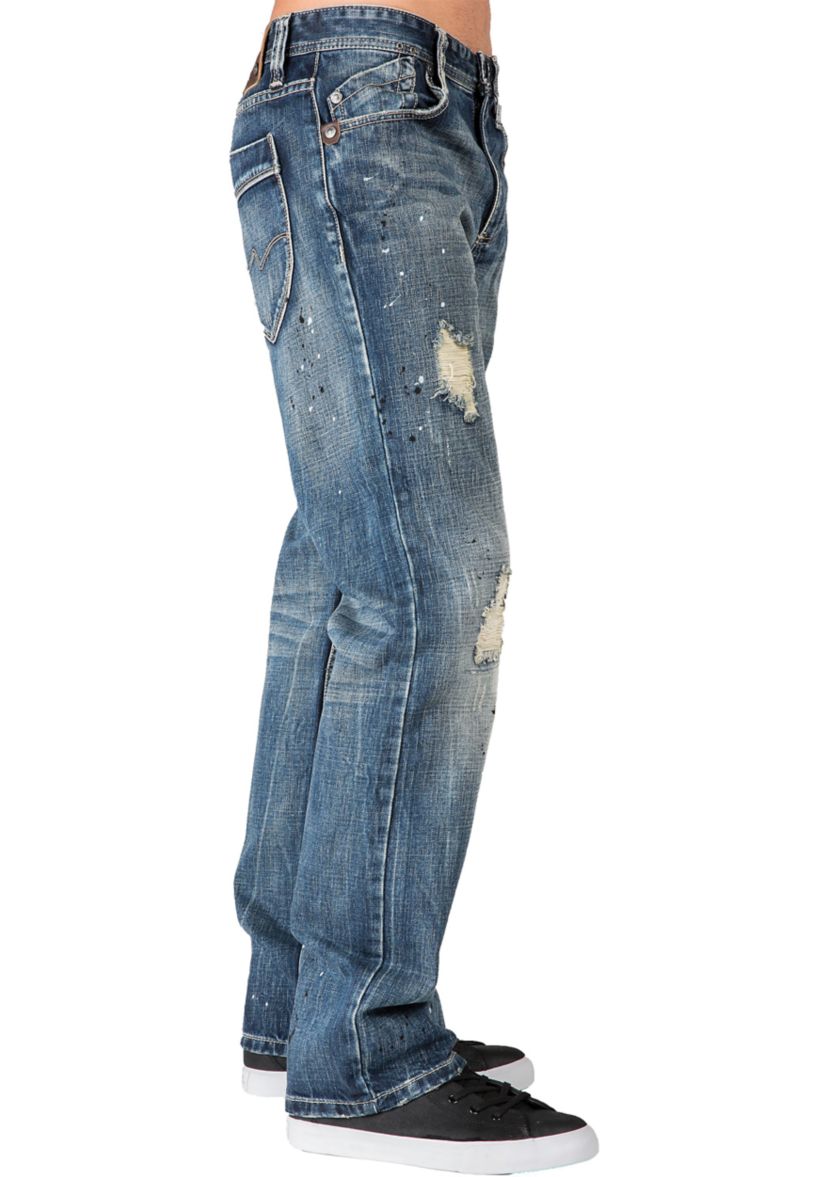 Mens Slim Straight Premium Jeans Dark Tinted Blue Hand Rub Whisker