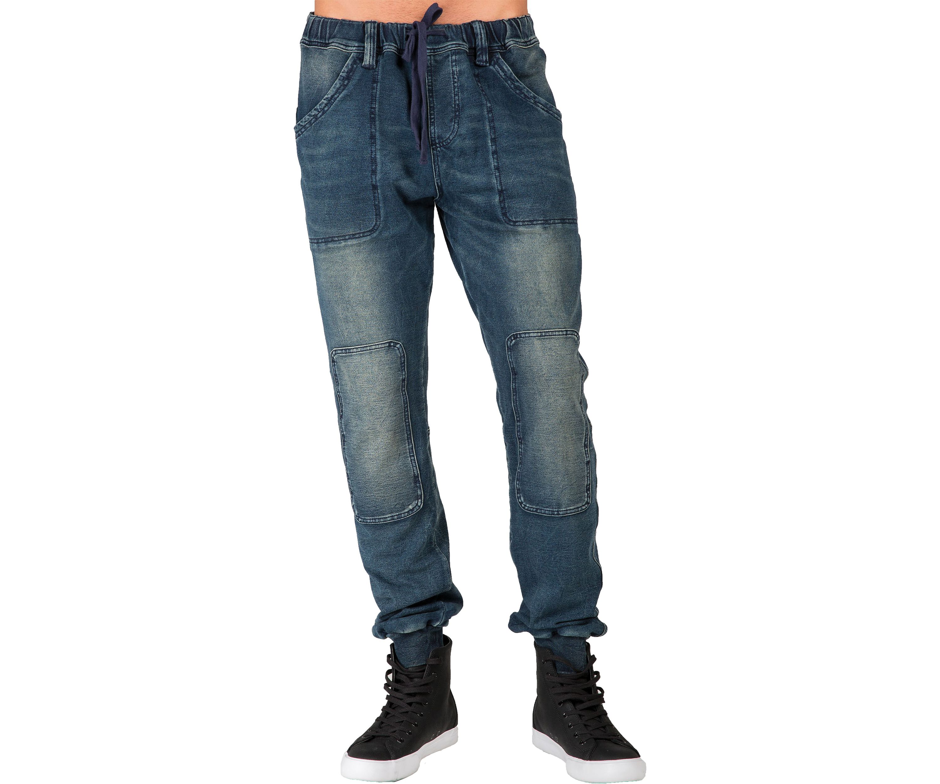 Mens Premium Knit Denim Jogger Jeans Indigo Hand Sanded Knee Patches