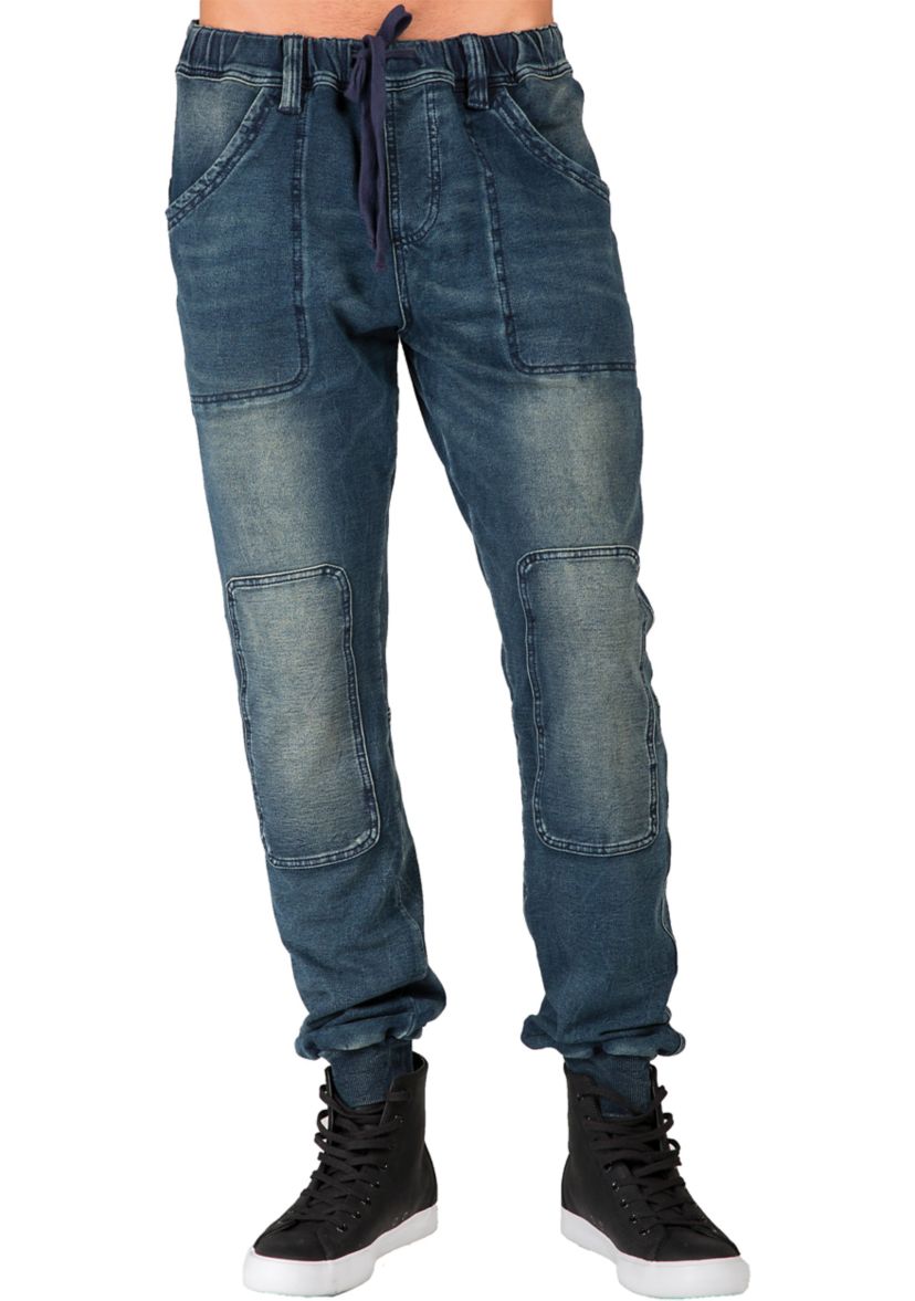 Mens Premium Knit Denim Jogger Jeans Indigo Hand Sanded Knee Patches