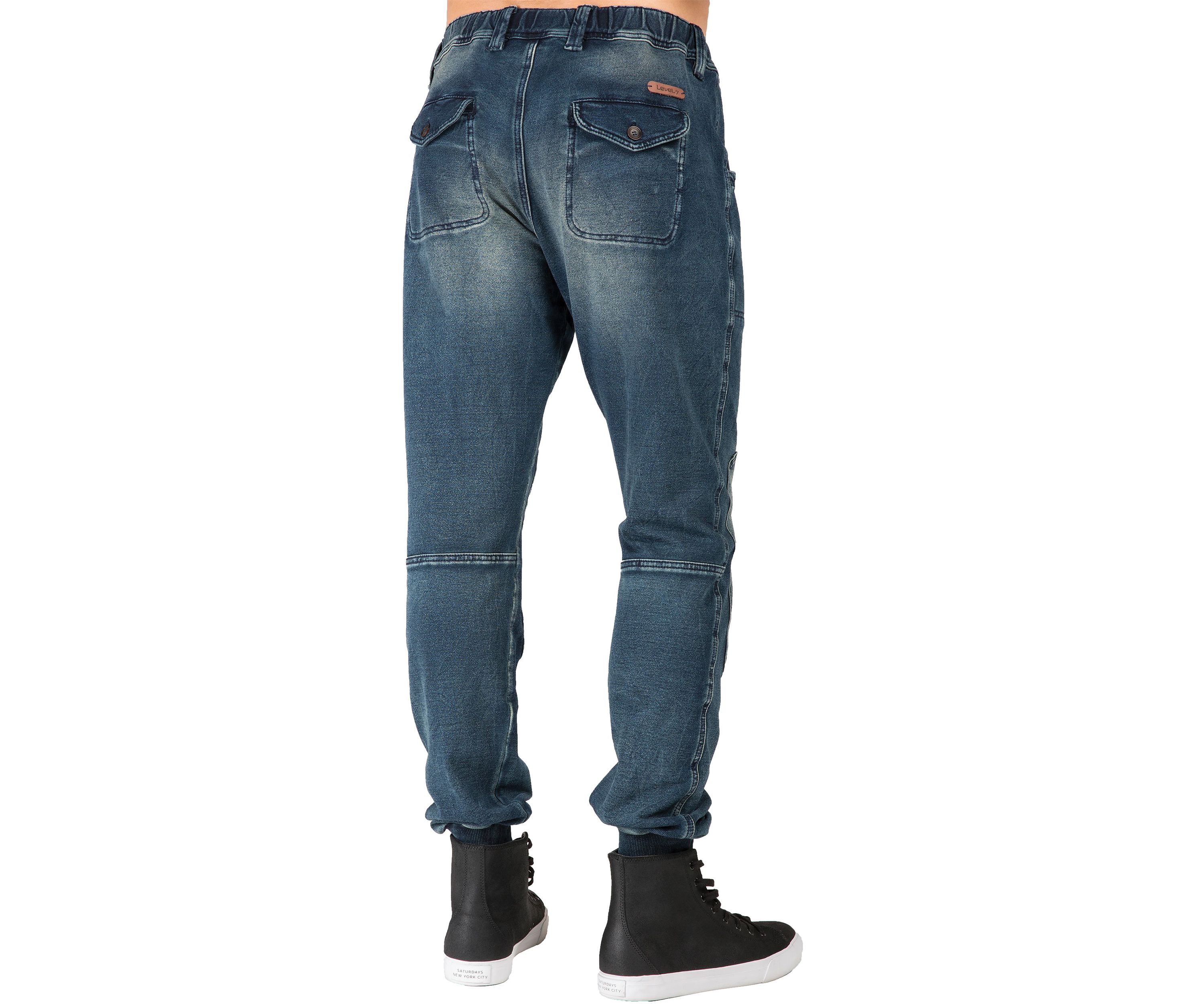 Mens Premium Knit Denim Jogger Jeans Indigo Hand Sanded Knee Patches