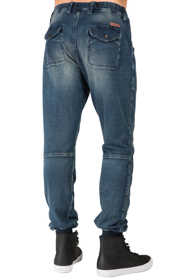 Mens Premium Knit Denim Jogger Jeans Indigo Hand Sanded Knee Patches