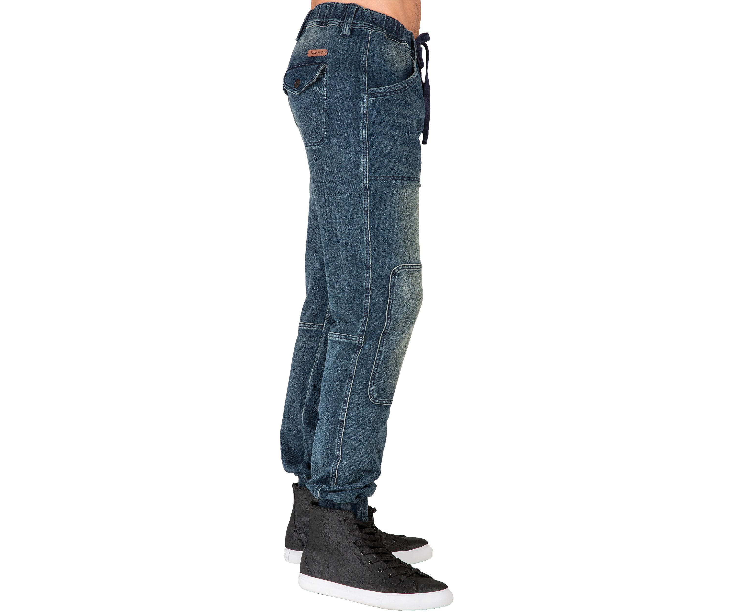 Mens Premium Knit Denim Jogger Jeans Indigo Hand Sanded Knee Patches
