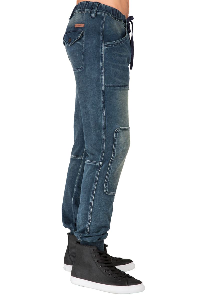 Mens Premium Knit Denim Jogger Jeans Indigo Hand Sanded Knee Patches