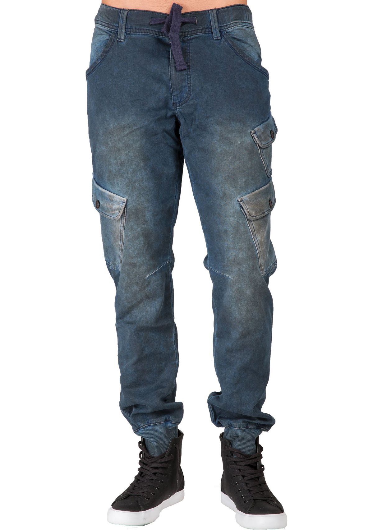 Mens Premium Knit Denim Jogger Jeans Tainted Indigo with Cargo Pockets