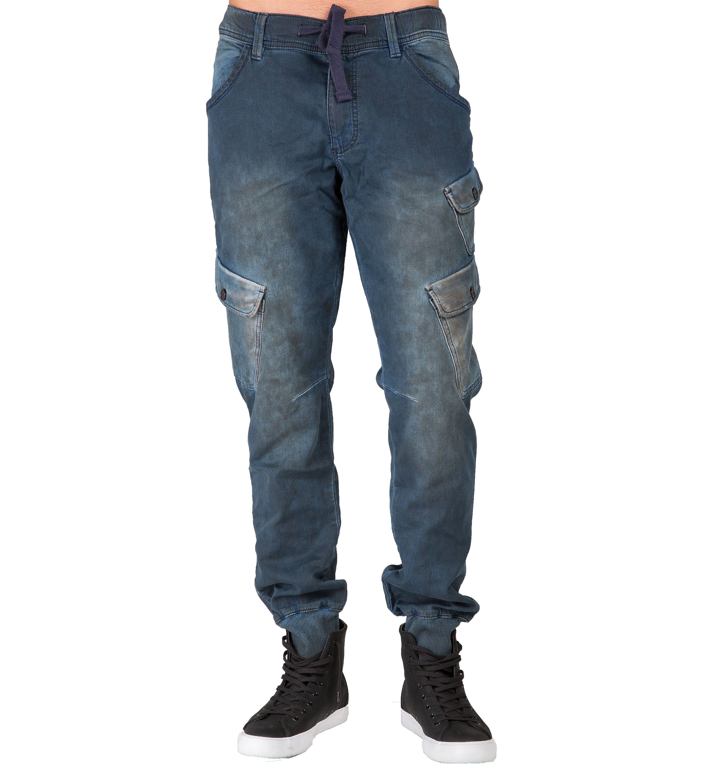 Mens Premium Knit Denim Jogger Jeans Tainted Indigo with Cargo Pockets