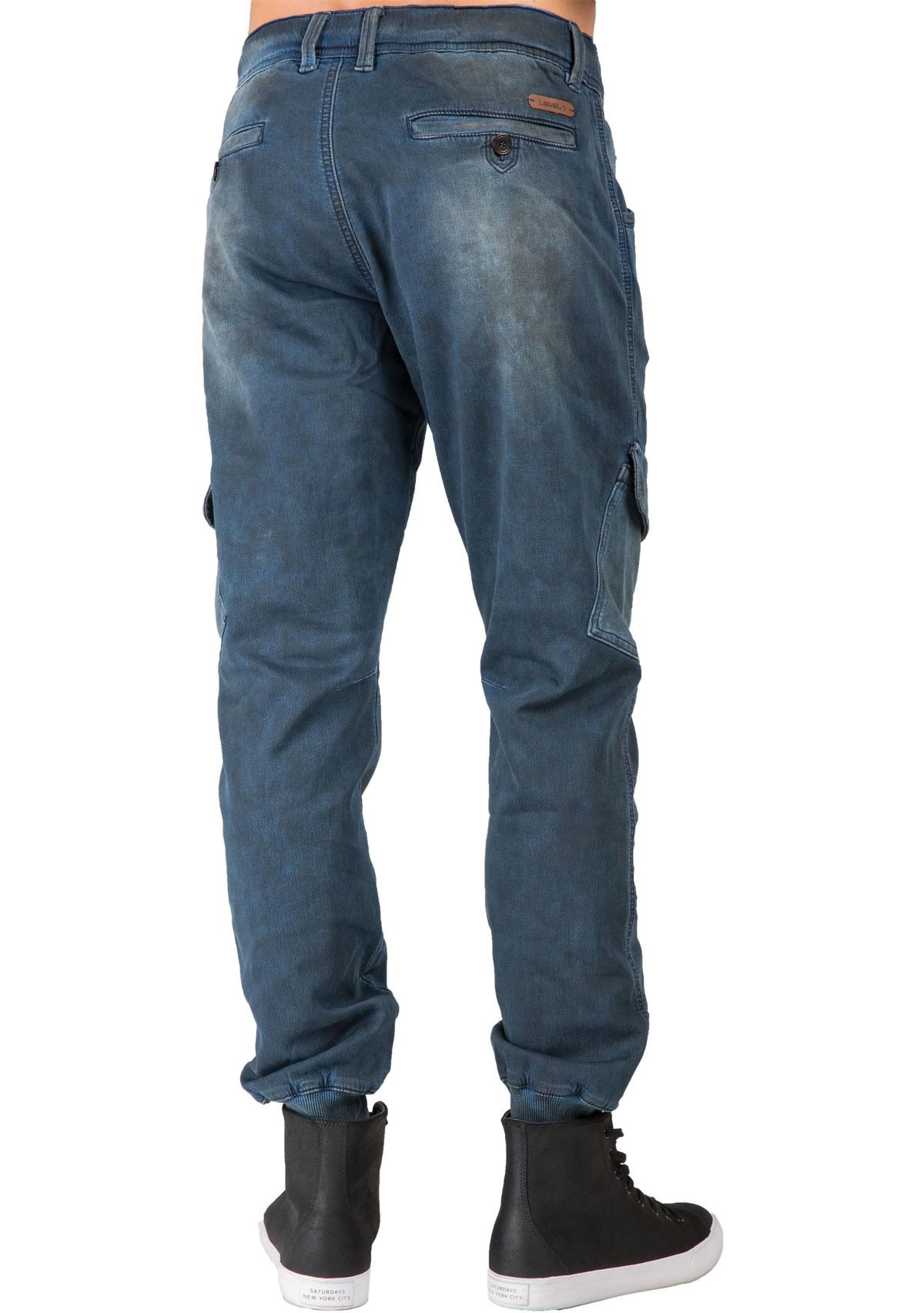 Mens Premium Knit Denim Jogger Jeans Tainted Indigo with Cargo Pockets