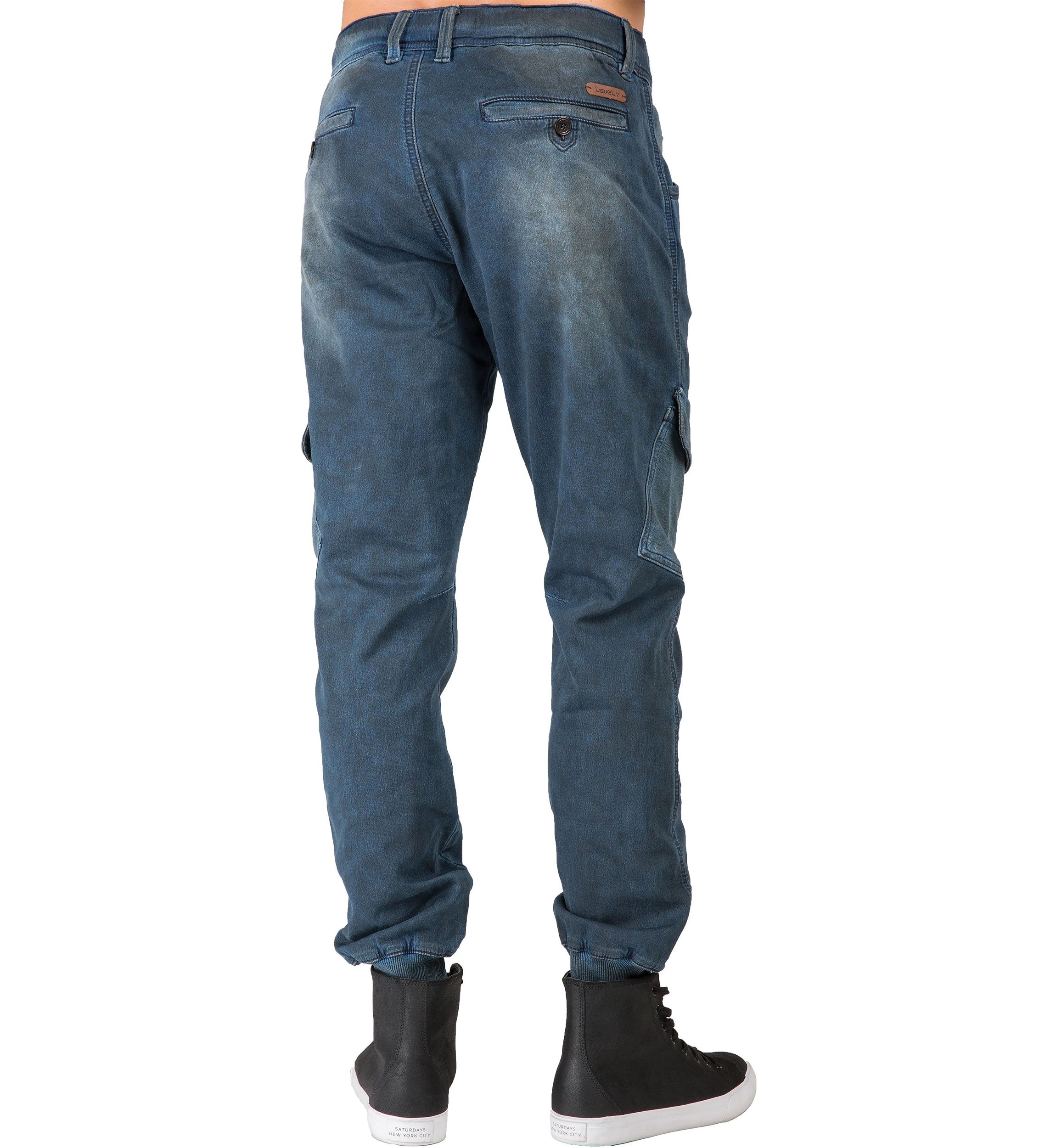 Mens Premium Knit Denim Jogger Jeans Tainted Indigo with Cargo Pockets