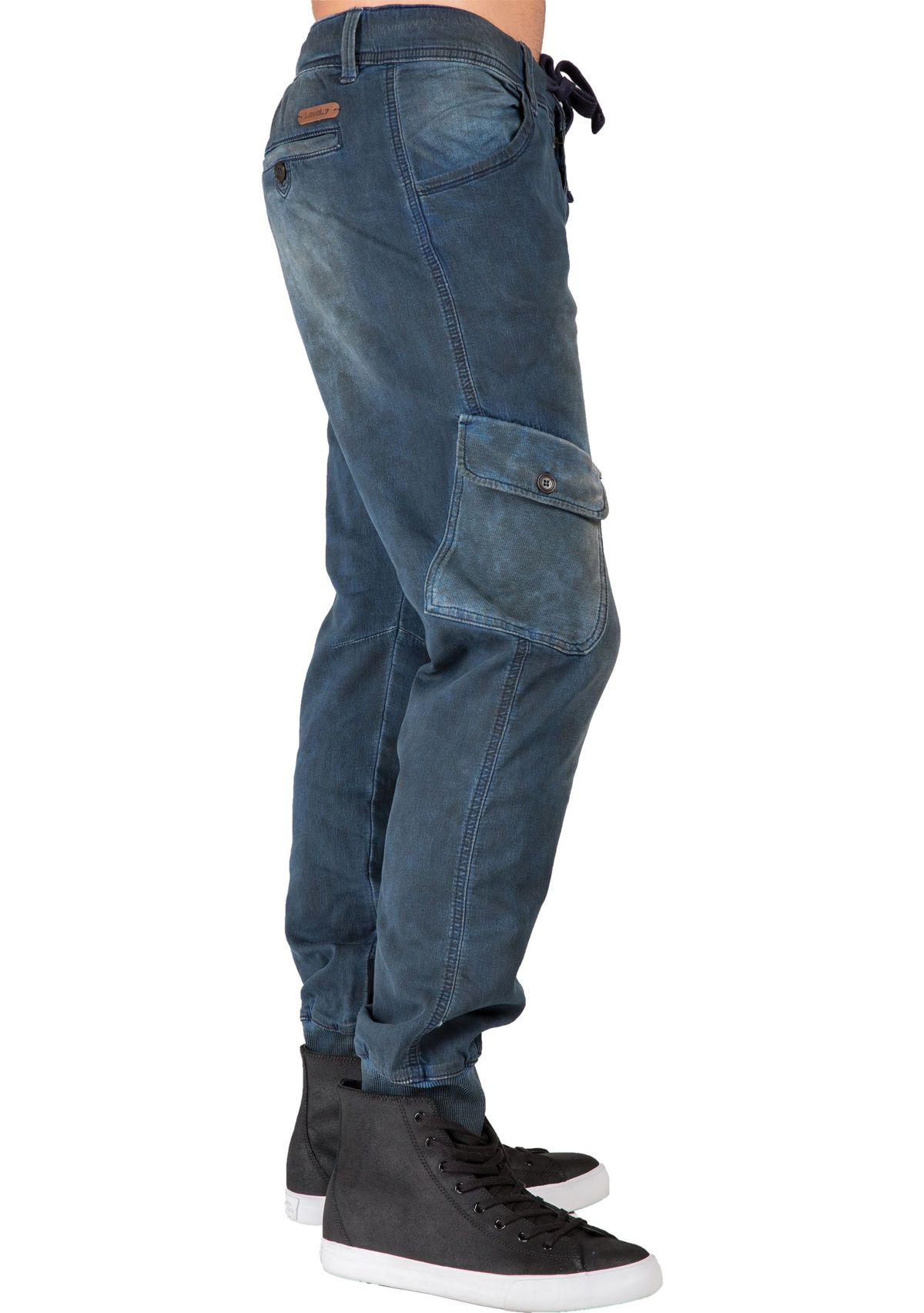 Mens Premium Knit Denim Jogger Jeans Tainted Indigo with Cargo Pockets