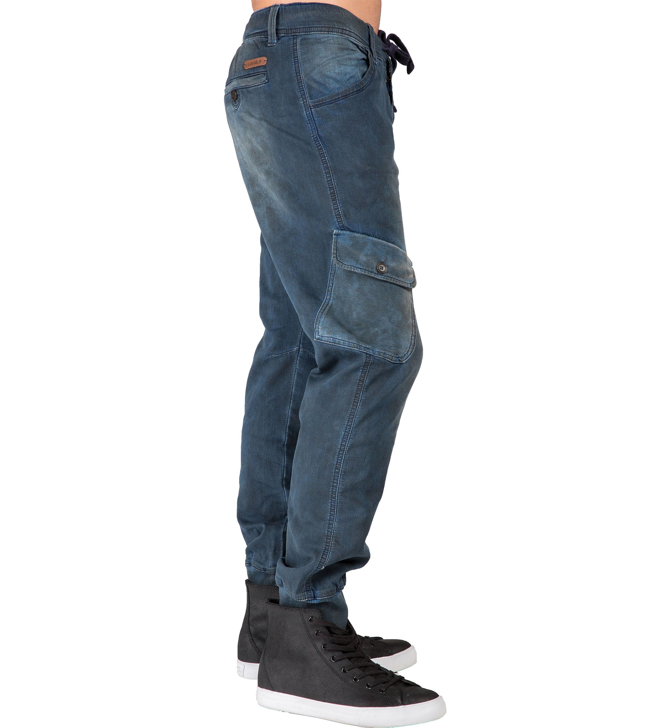 Mens Premium Knit Denim Jogger Jeans Tainted Indigo with Cargo Pockets
