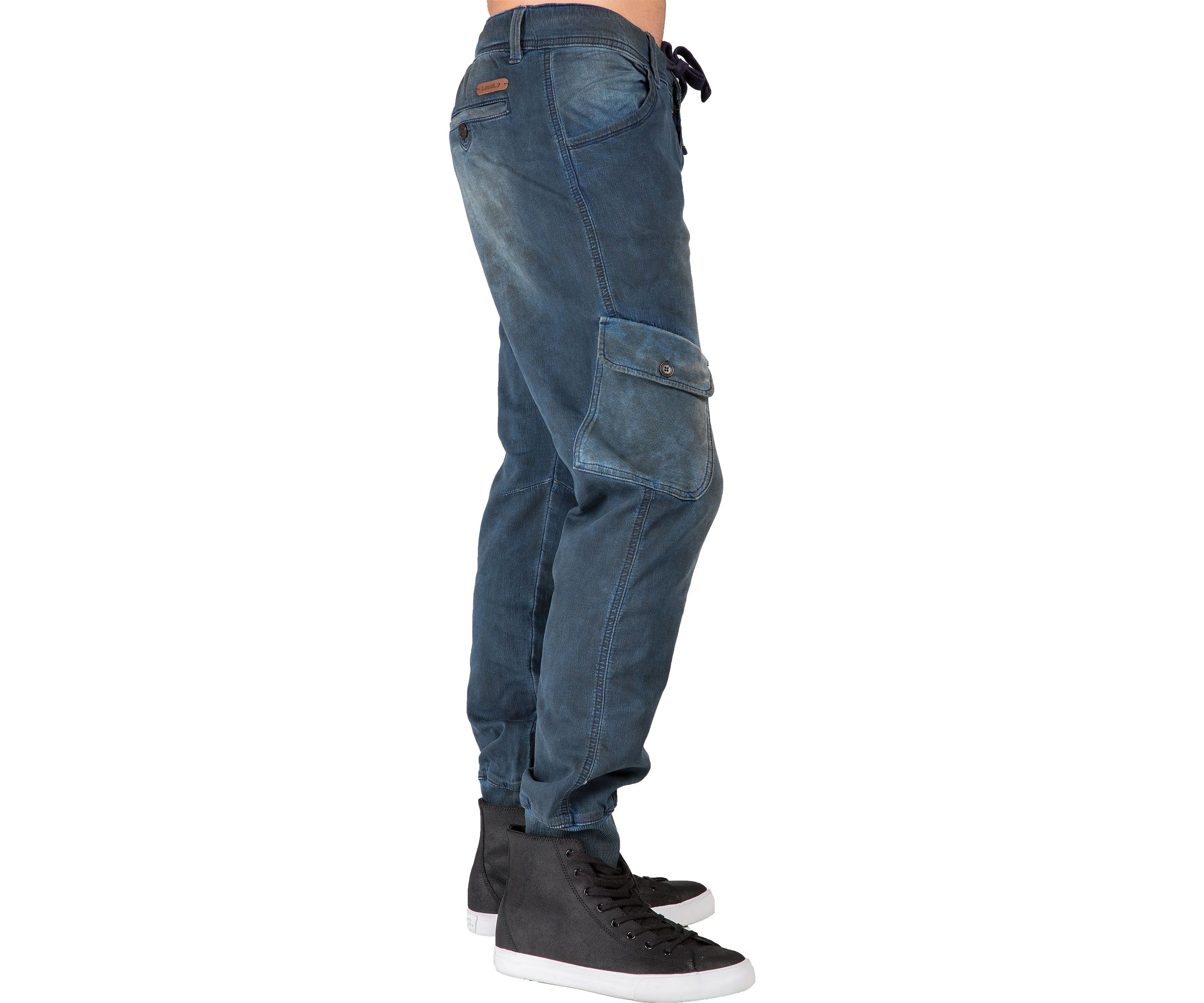 Mens Premium Knit Denim Jogger Jeans Tainted Indigo with Cargo Pockets