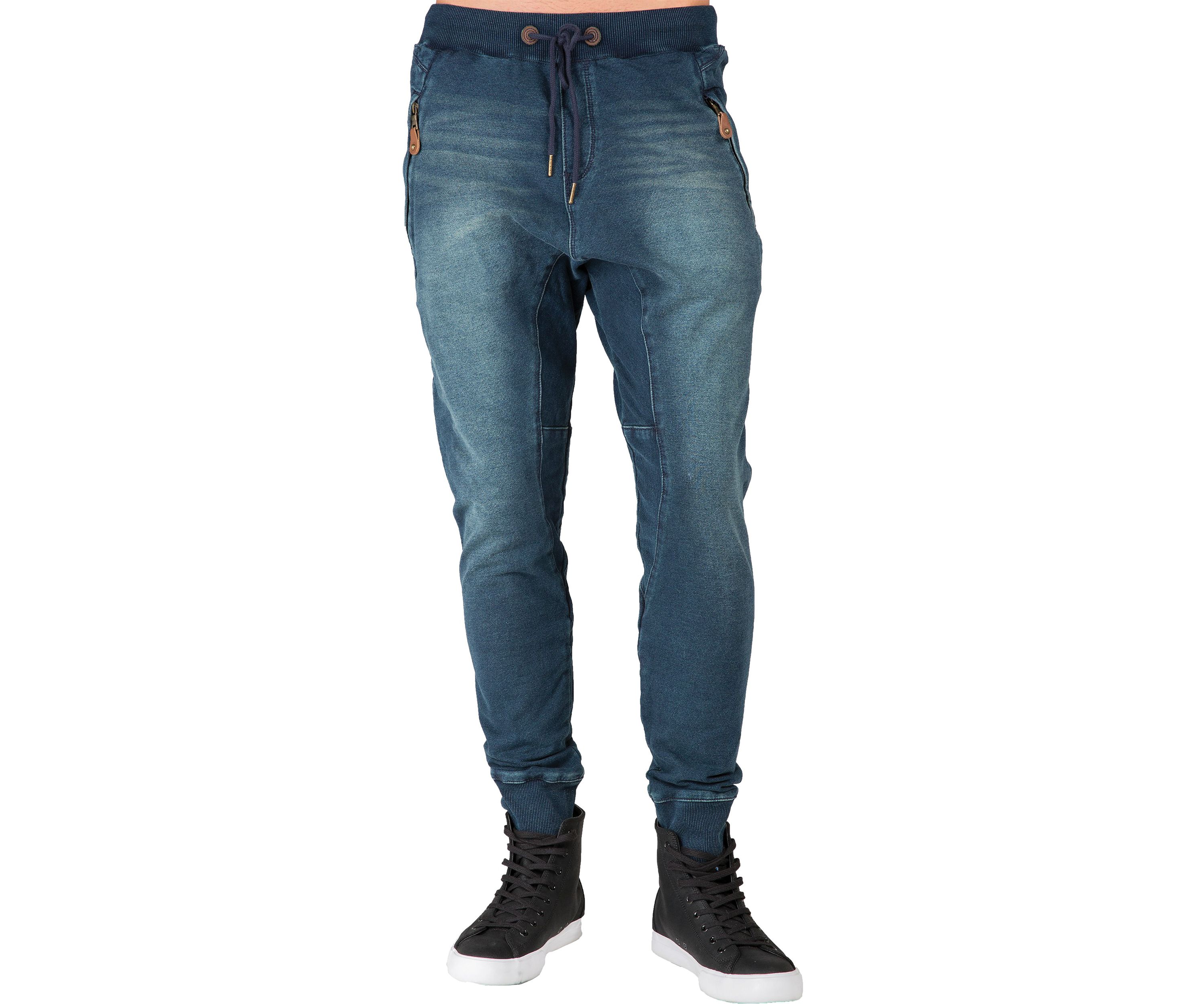 Mens Premium Knit Denim Jogger Jeans Drop Crotch Whisker Zipper Pockets