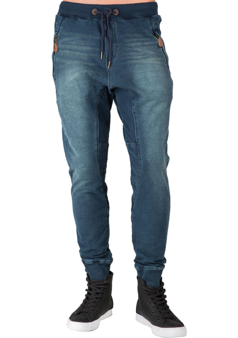 Mens Premium Knit Denim Jogger Jeans Drop Crotch Whisker Zipper Pockets
