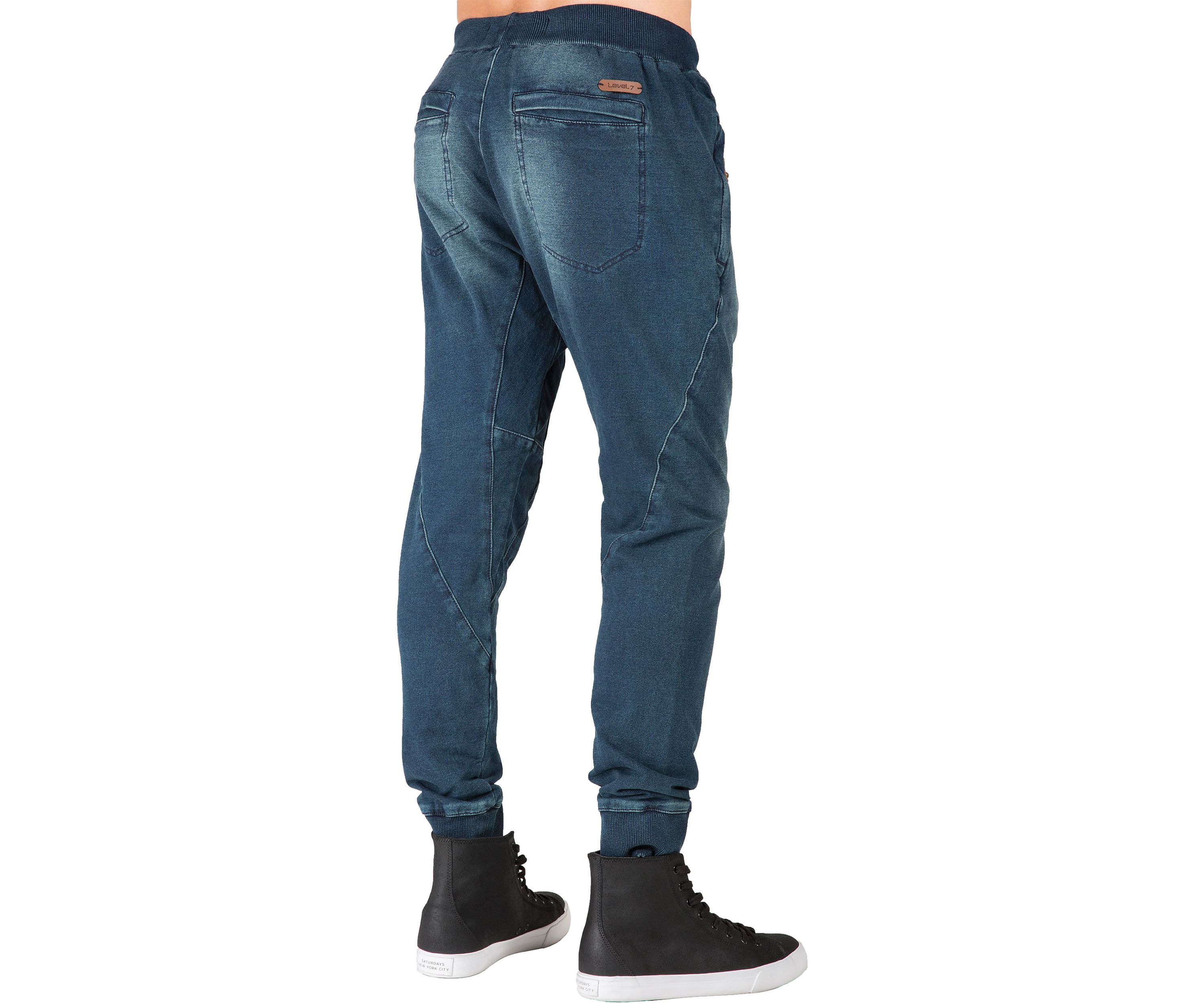 Mens Premium Knit Denim Jogger Jeans Drop Crotch Whisker Zipper Pockets