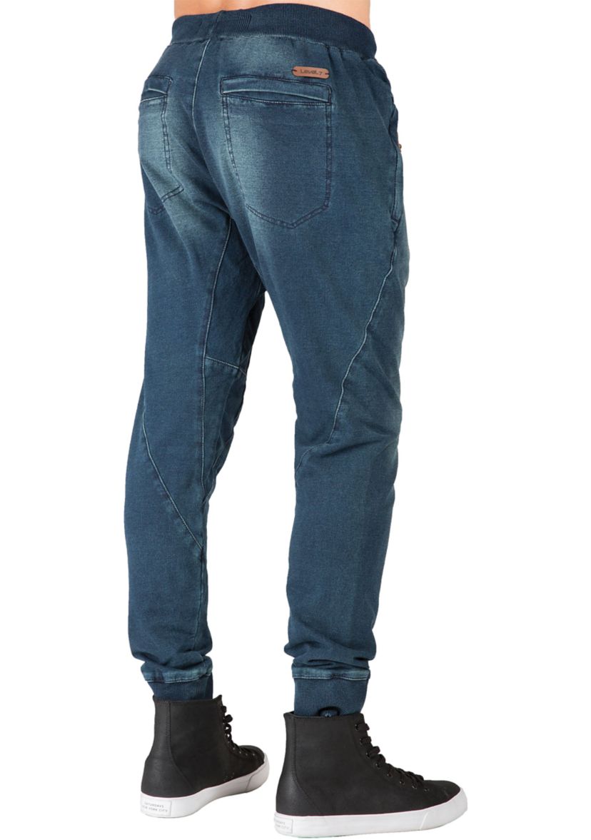 Mens Premium Knit Denim Jogger Jeans Drop Crotch Whisker Zipper Pockets