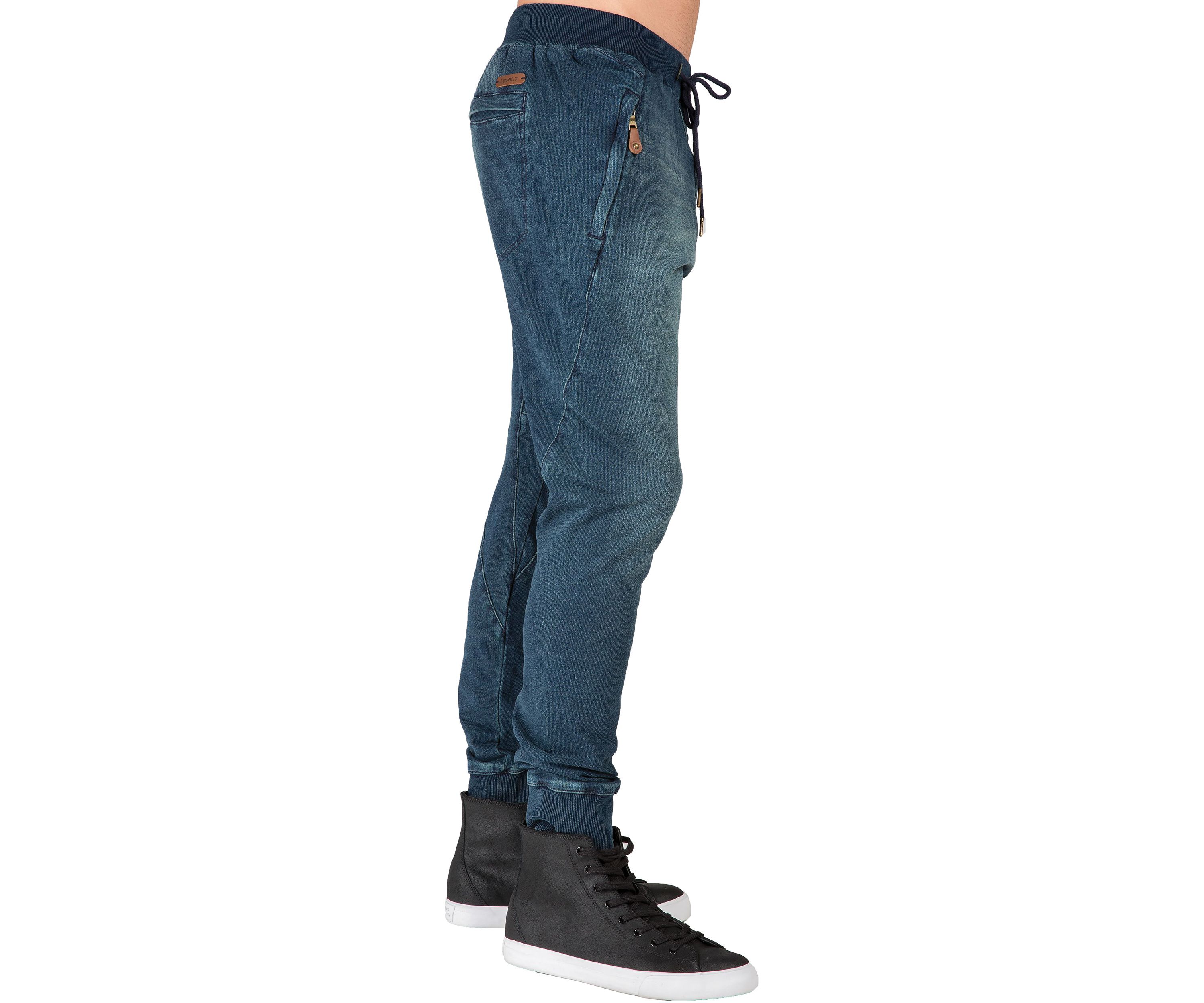 Mens Premium Knit Denim Jogger Jeans Drop Crotch Whisker Zipper Pockets
