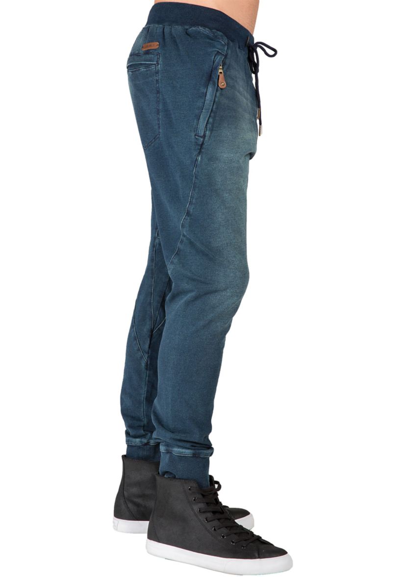 Mens Premium Knit Denim Jogger Jeans Drop Crotch Whisker Zipper Pockets