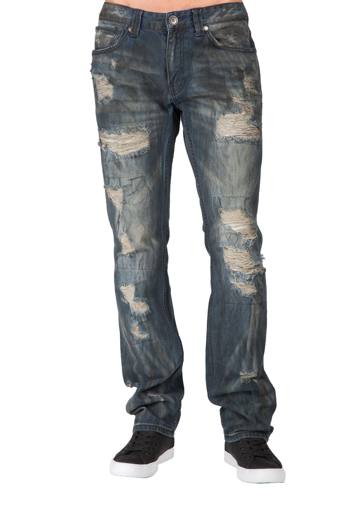 Mens Premium Jeans Slim Straight Destroyed Bleach Tainted Wash