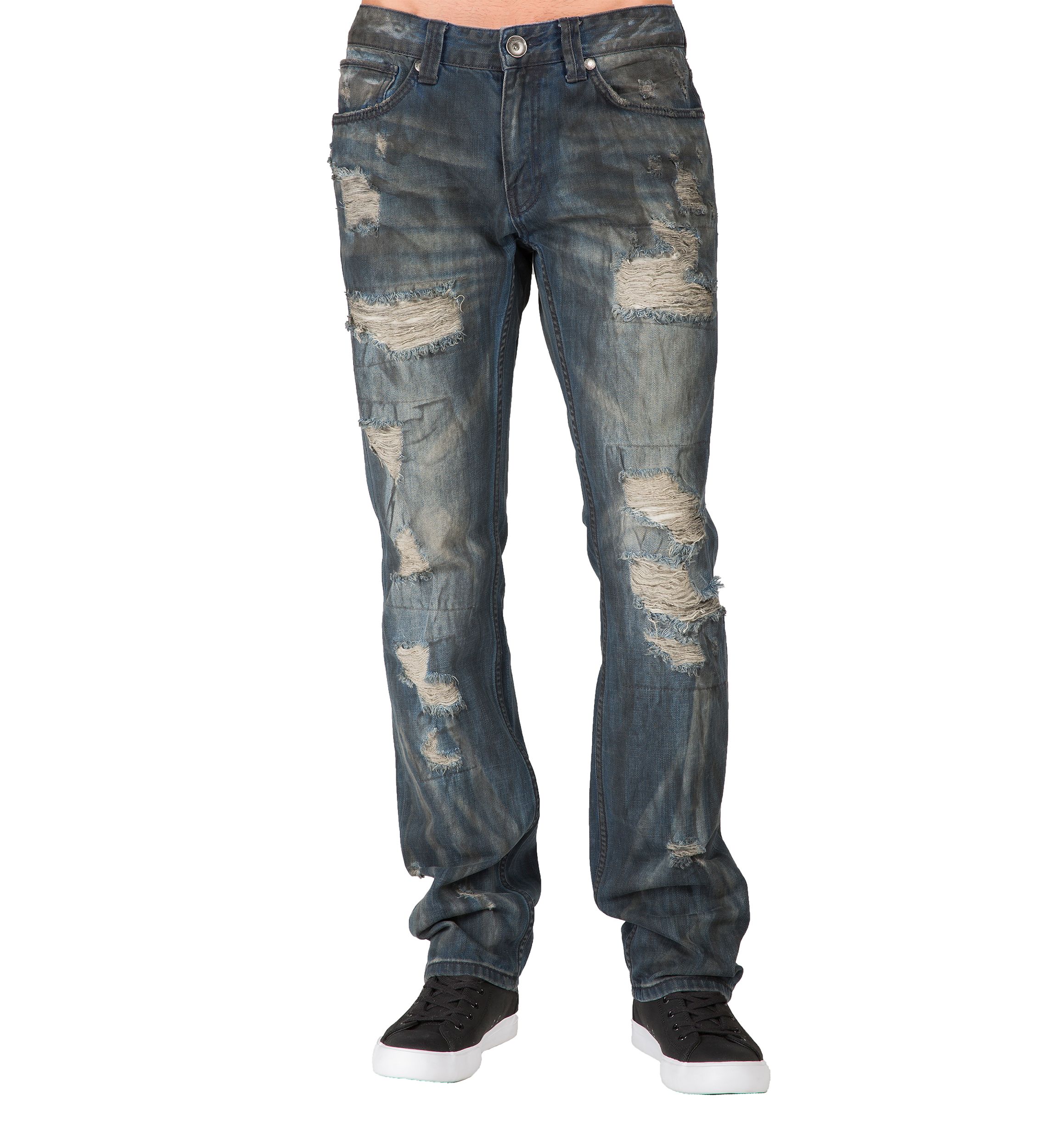Mens Premium Jeans Slim Straight Destroyed Bleach Tainted Wash