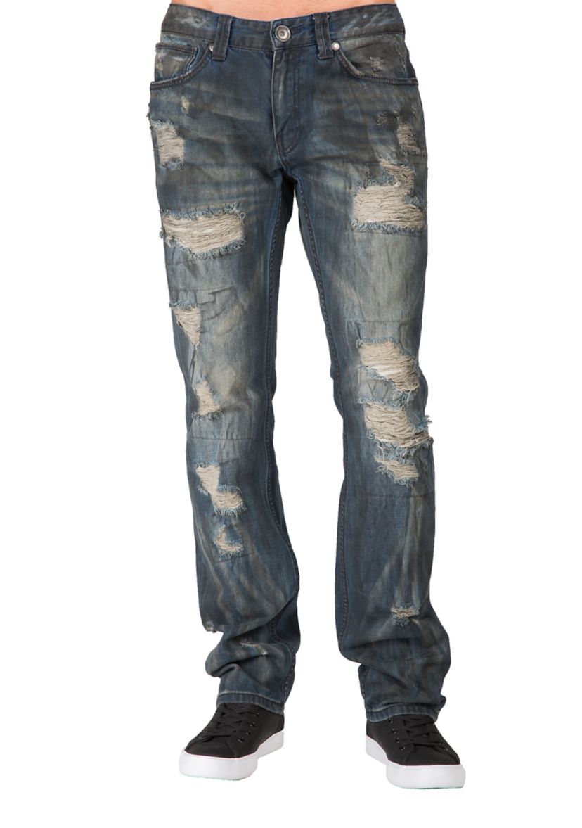 Mens Premium Jeans Slim Straight Destroyed Bleach Tainted Wash