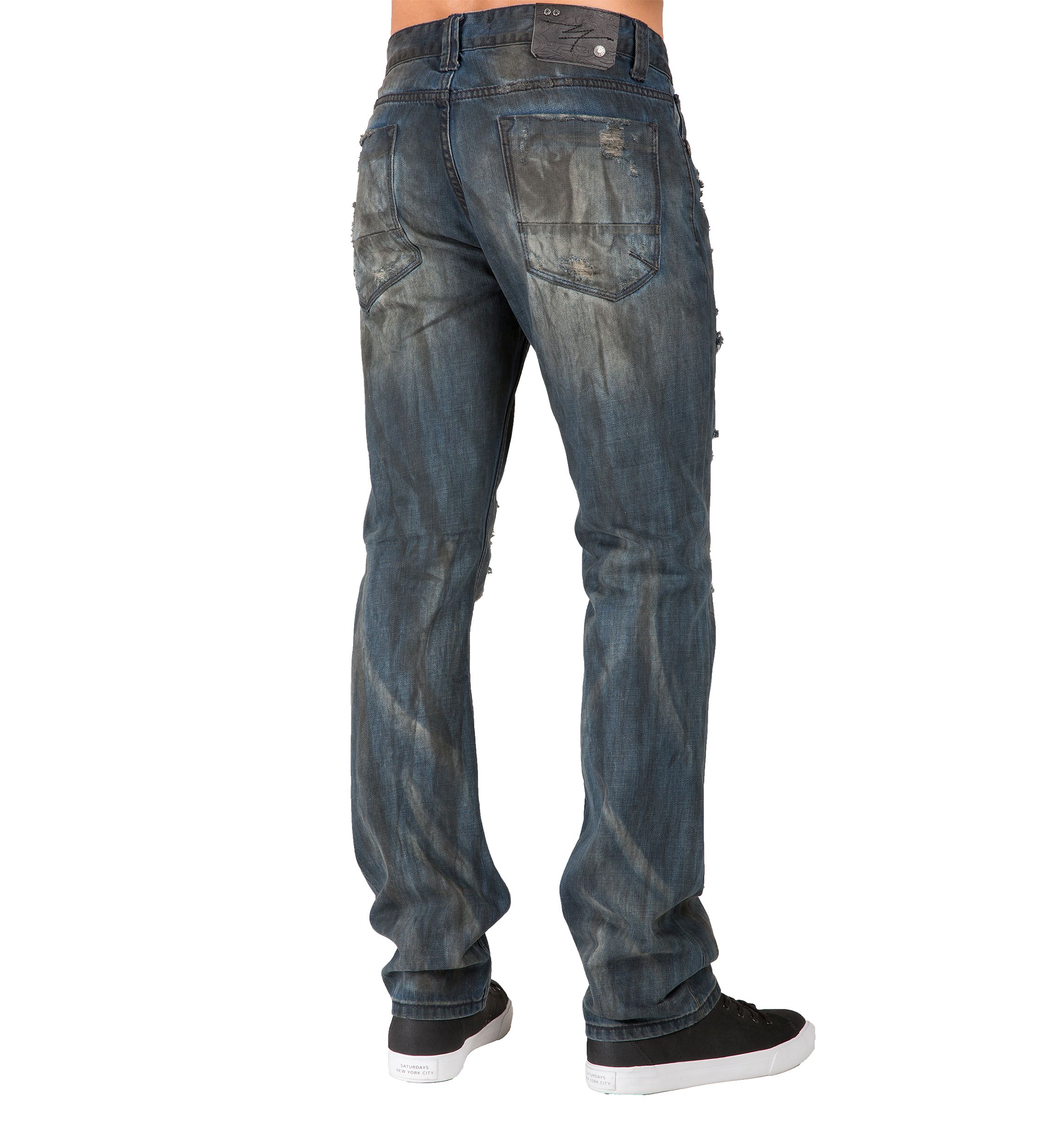 Mens Premium Jeans Slim Straight Destroyed Bleach Tainted Wash