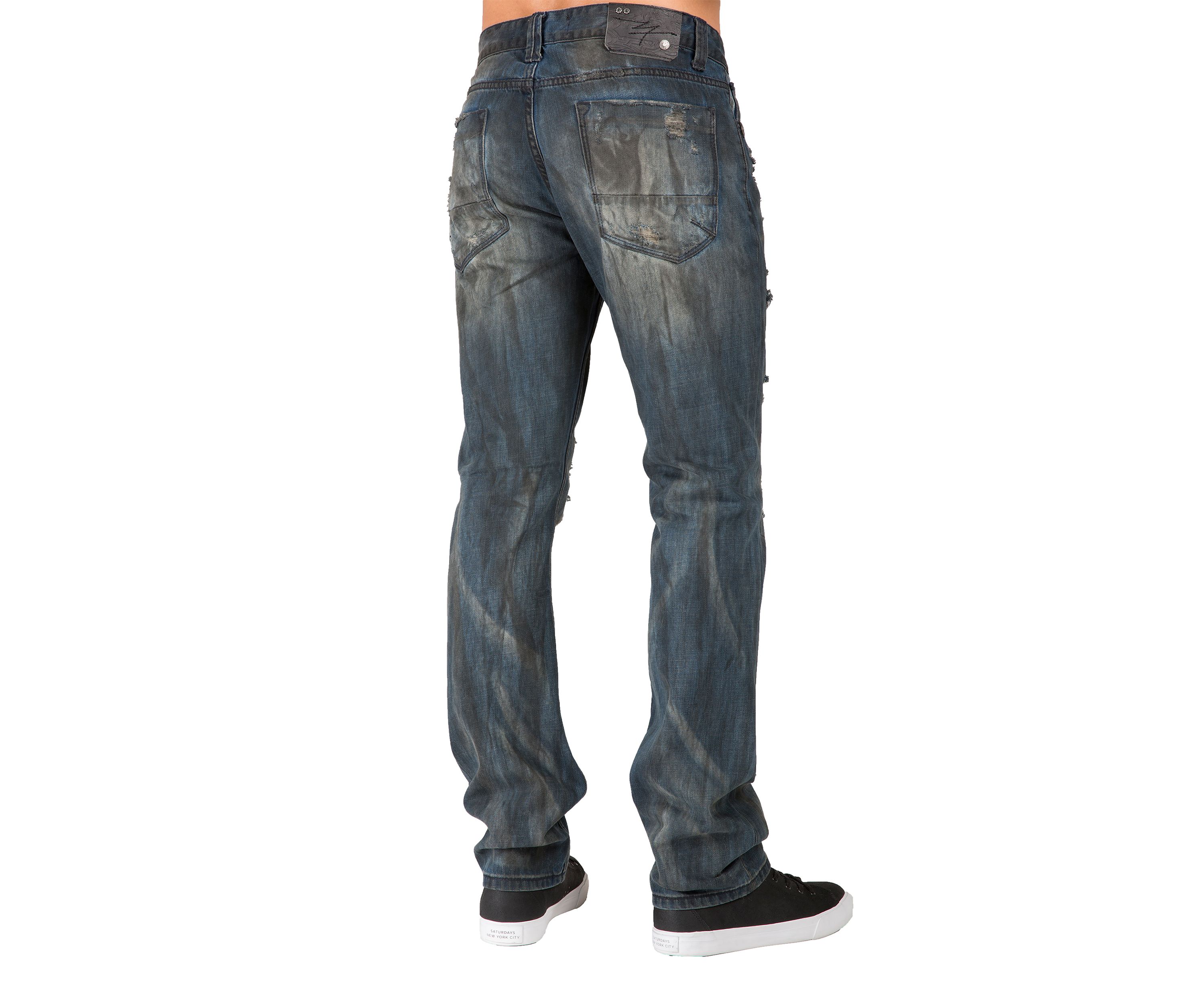 Mens Premium Jeans Slim Straight Destroyed Bleach Tainted Wash
