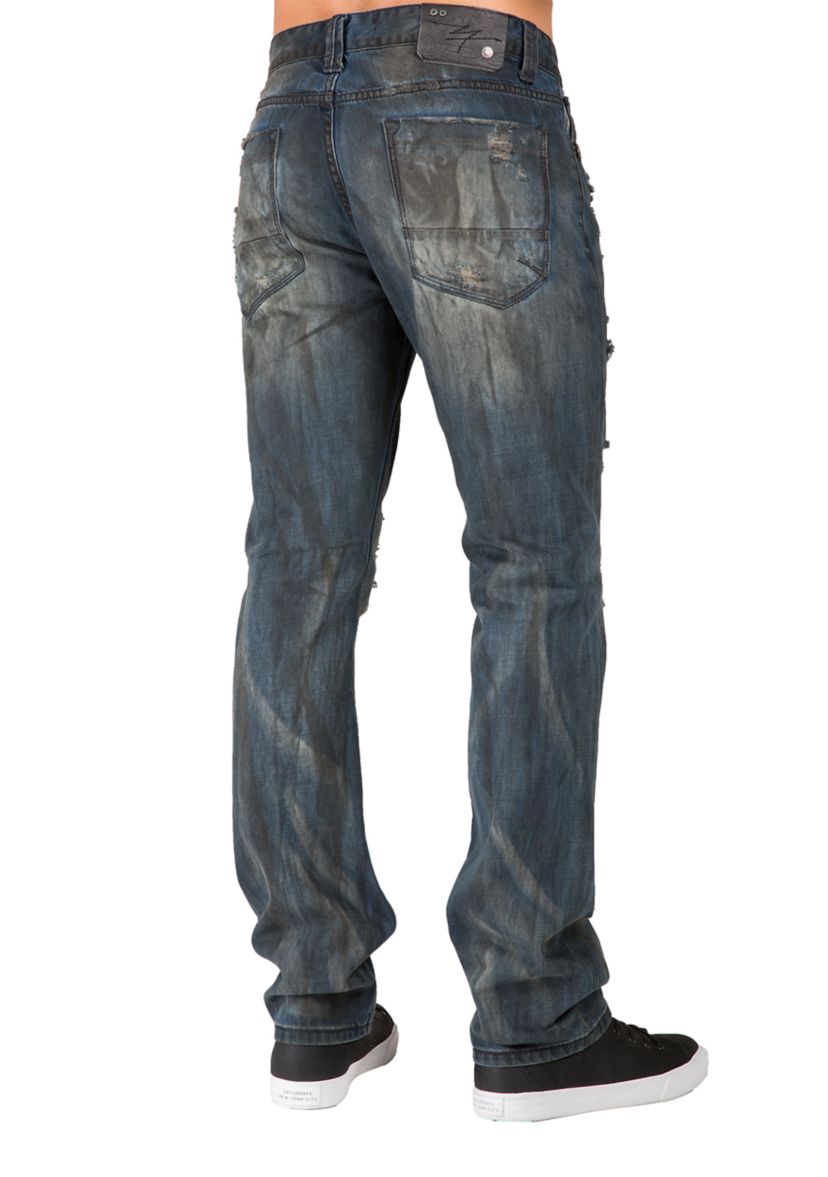 Mens Premium Jeans Slim Straight Destroyed Bleach Tainted Wash