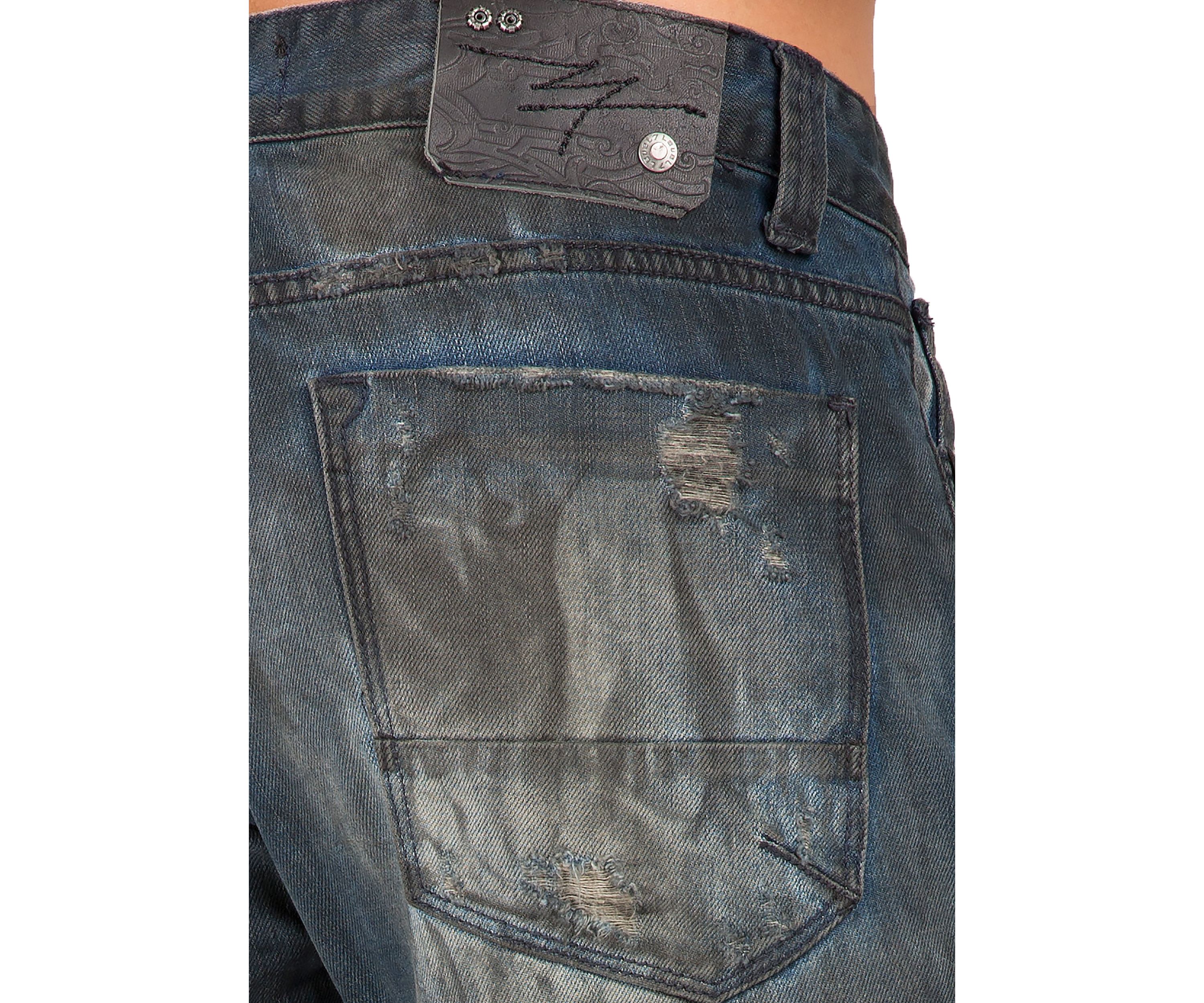 Mens Premium Jeans Slim Straight Destroyed Bleach Tainted Wash